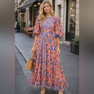 Marea Cotton Geometric Print Baloon Sleeve Ruffle Hem Maxi Dress M